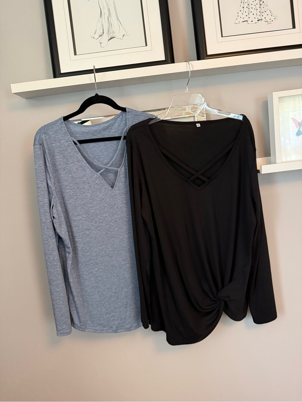 Two Long Sleeve V-Neck Crisscross Top - Black and Bue